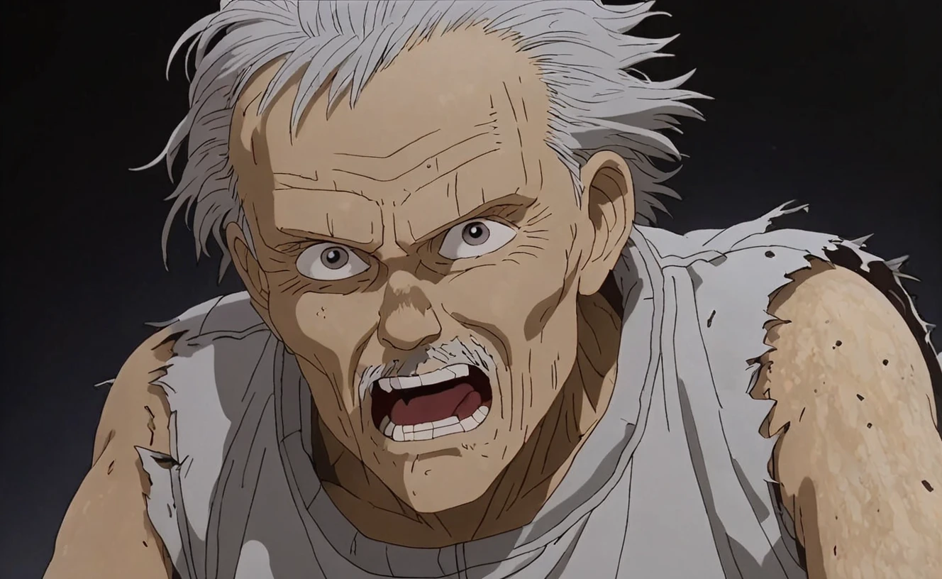 a frame of a animated film of an ashen skin old man, white skin , style akirafilm <lora:Akira_Film_Style_XL:1>