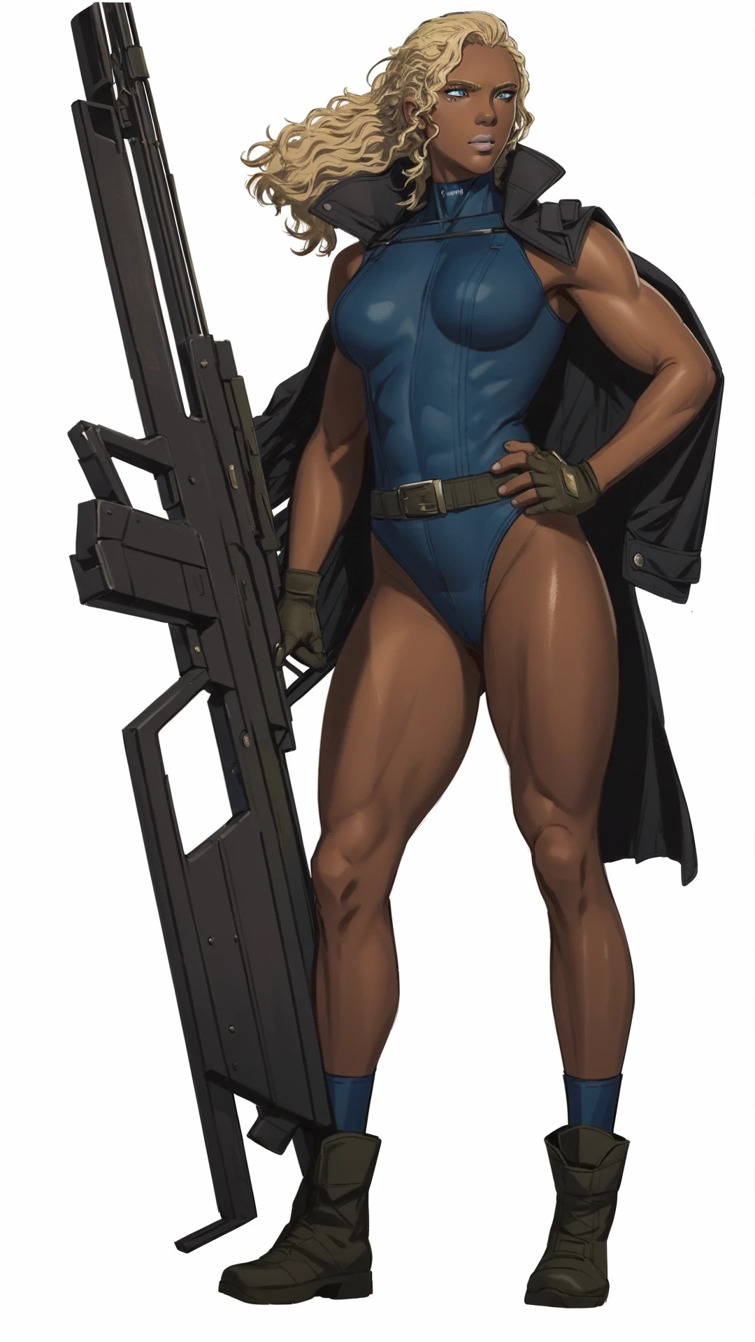 fone, (((full body view))), anime style, 1woman, dark skin, blonde hair, blue eyes, light lipstick, dark blue skintight tank outfit, green coat, military, holding a railgun, fingerless gloves, muscular, 8k, 16k, trending on pixiv, fanbox, skeb, masterpiece, detailed face, digital painting, <lora:fone:0.7>