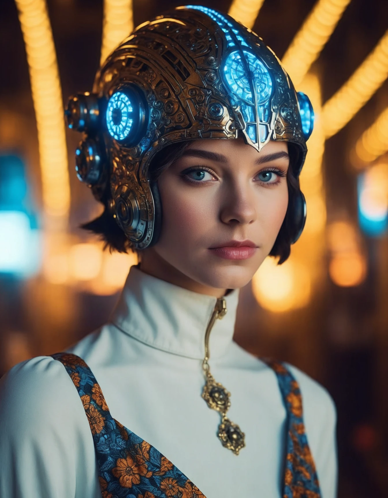 cinematic photo portrait of (((ohwx woman))) wearing an ornate cybernetic helmet, by jan van eyck and johannes vermeer. glowing lights intricate artwork masterpiece trending on artstation 8 k 150 mpx hdr cgsociety contest winner award winning photography beautiful lighting detailed realistic well proportioned headshot portrait unreal engine 5 extremely high quality wallpaper 4k octane render neon colors sharp focus illustration surrealism close up shot super wide angle shallow depth of field<lora:myers__dh_128_sdxl_v1b:1.05> . 35mm photograph, film, bokeh, professional, 4k, highly detailed