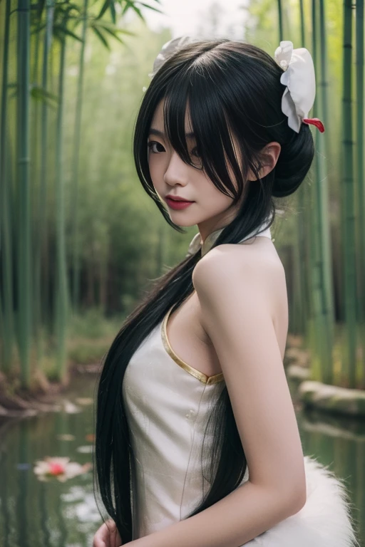 ltra-detailed,highly detailed,best quality,masterpiece,illustration,realistic,photorealistic,
tokisaki kurumi, 1girl, solo,
bare shoulders, chinese clothes, china dress, fur trim shawl,
hair over one eye, long hair, double bun, hair bun, bun cover,
looking at viewer, upper body,
outdoors,photo background,flower, bamboo forest, river,grass,path,
<lora:tokisaki kurumi_v5_04:0.7>
