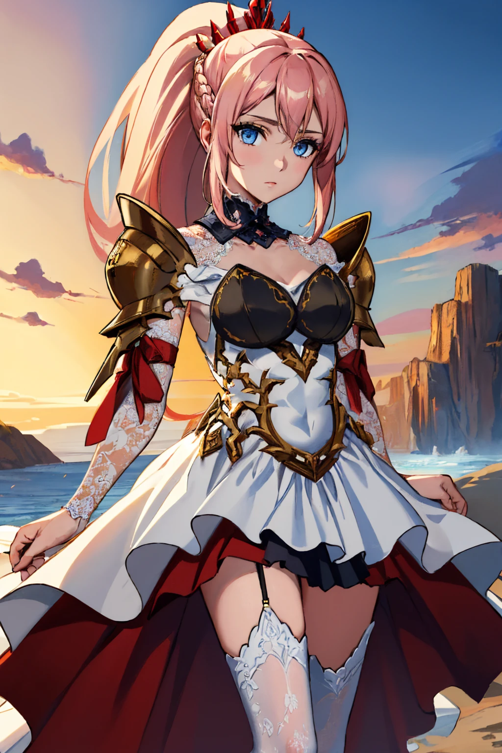 (masterpiece, best quality:1.2), solo, 1girl, shionne, expressionless, looking at viewer, braid, ponytail, white dress, shoulder armor, pauldrons, white thighhighs <lora:tales_shionne:1>