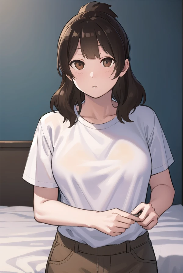 yuiashiro, <lora:yui ashiro-lora-nochekaiser:1>,
yui ashiro, bangs, blunt bangs, brown hair, (brown eyes:1.7), medium hair, ponytail,
BREAK shirt, pants, t-shirt, (white shirt:1.5),
BREAK indoors, bed,
BREAK looking at viewer, (cowboy shot:1.5),
BREAK <lyco:GoodHands-beta2:1>, (masterpiece:1.2), best quality, high resolution, unity 8k wallpaper, (illustration:0.8), (beautiful detailed eyes:1.6), extremely detailed face, perfect lighting, extremely detailed CG, (perfect hands, perfect anatomy),