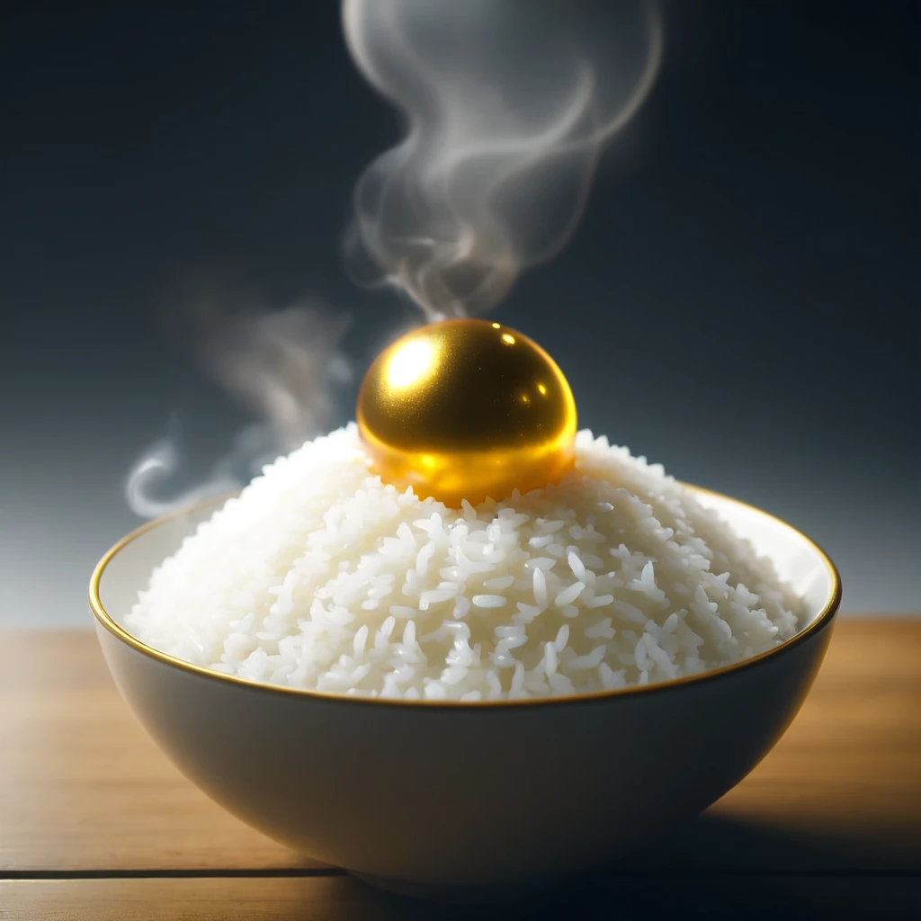 <lora:TKGS_v1:0.5>, solo, food, indoors, water, blurry, cup, gradient, gradient background, no humans, steam, nature, scenery, smoke, bubble, gold, bowl, realistic, light, rice, food focus, still life, rice bowl, TKGS