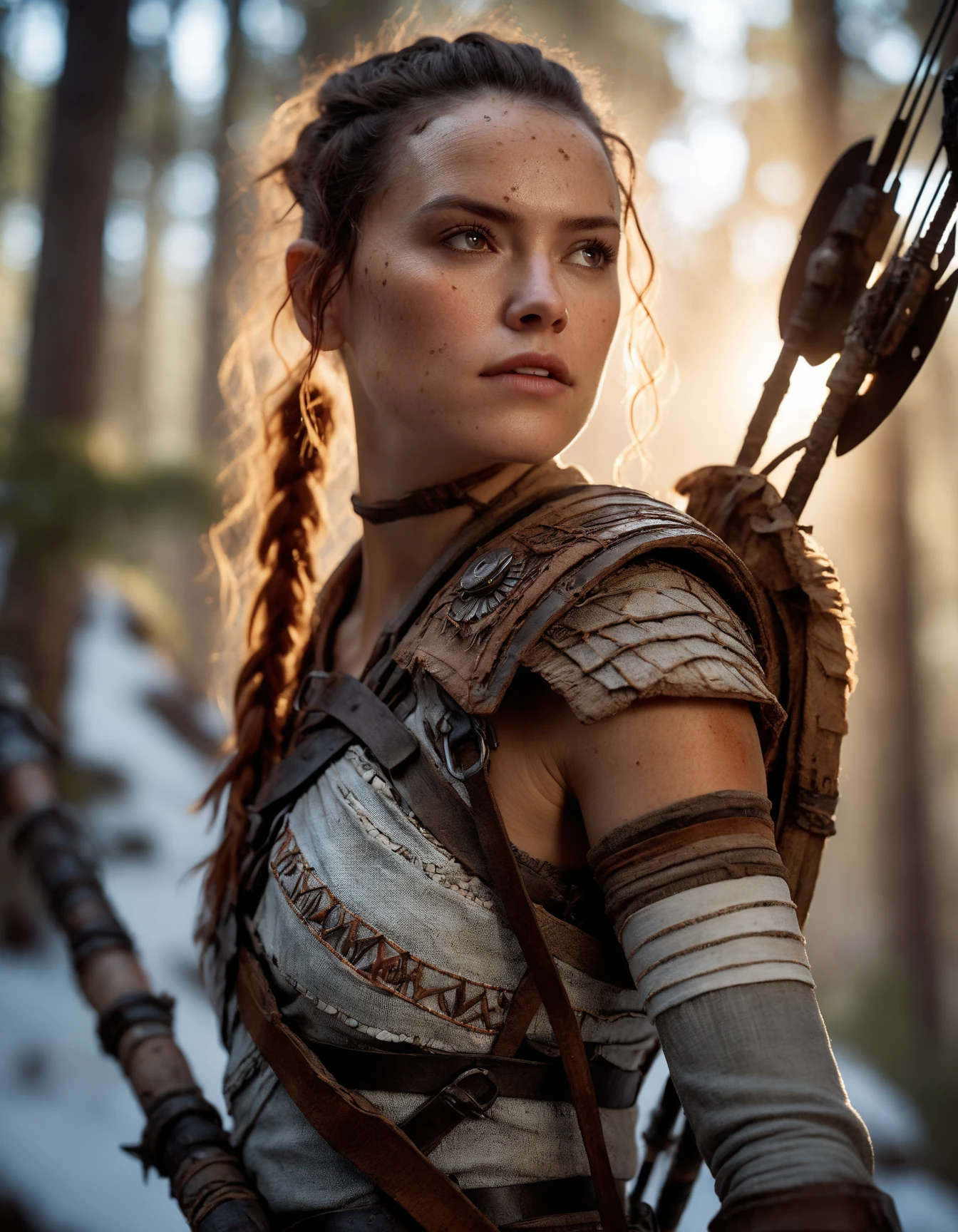 cinematic photo a (full height photograph:1.2) of (((ohwx woman))) (by Alyssa Monks:1.1), beautiful lighting, sharp focus, 8k, high res,Masterpiece, Nikon Z9, Award - winning photograph , athletic body ,As Aloy in Horizon Zero Dawn, dressed in her distinctive, tribal-inspired armor, wielding her powerful bow and arrows, stalking robotic wildlife in a post-apocalyptic, lush environment, vivid colors, high-resolution, 8k quality, detailed landscape, true to the Horizon Zero Dawn world, captivating digital artwork. ,(in the style of Gwent:1.2) , <lora:daisy_dh128_lora_v2b:1> . 35mm photograph, film, bokeh, professional, 4k, highly detailed