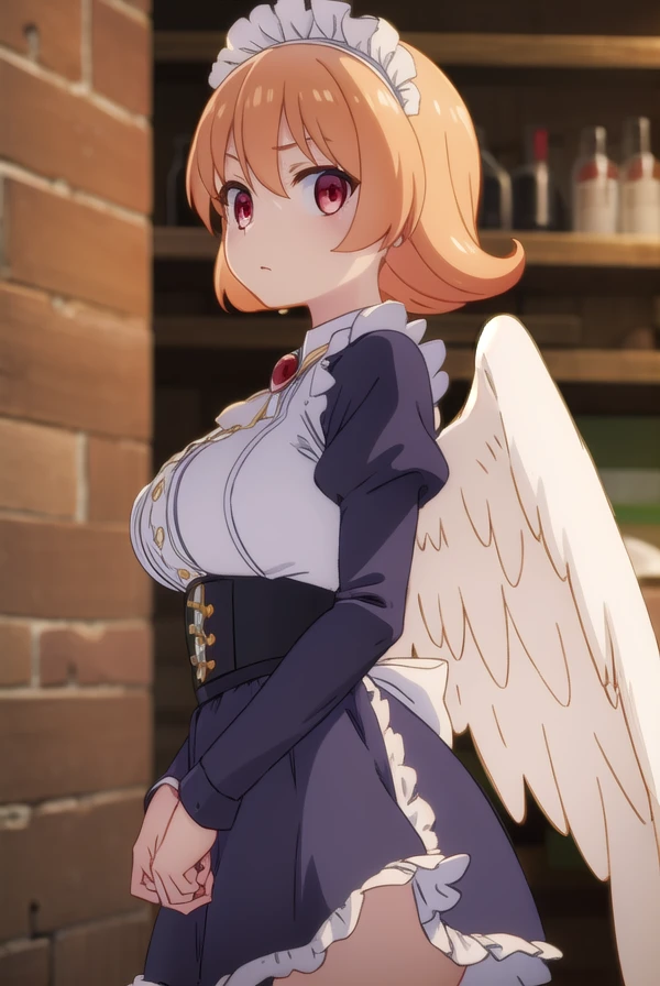 meidri, <lora:meidri s1-lora-nochekaiser:1>,
meidri, short hair, bangs, (red eyes:1.3), orange hair, flipped hair,
BREAK long sleeves, dress, jewelry, frills, wings, puffy sleeves, apron, maid, maid headdress, thigh strap, juliet sleeves, brooch, white apron, feathered wings, maid apron, puffy long sleeves, white wings,
BREAK indoors,
BREAK looking at viewer, (cowboy shot:1.5),
BREAK <lyco:GoodHands-beta2:1>, (masterpiece:1.2), best quality, high resolution, unity 8k wallpaper, (illustration:0.8), (beautiful detailed eyes:1.6), extremely detailed face, perfect lighting, extremely detailed CG, (perfect hands, perfect anatomy),