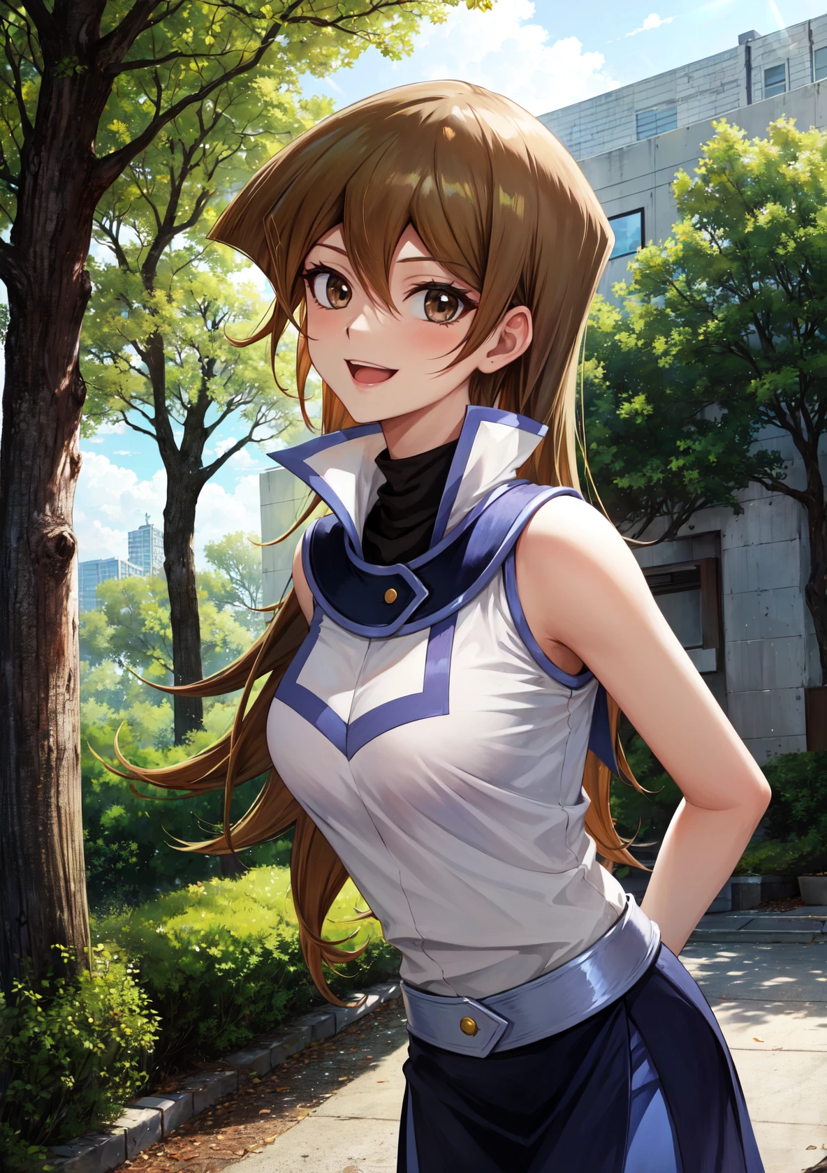 masterpiece, best quality, highres,
TenjouinAsukaDef, 1girl, solo, long hair, smile ,bangs, blonde hair, large breasts, brown hair, hair between eyes, brown eyes, very long hair, straight hair,
breasts, skirt, shirt, bare shoulders, school uniform, white shirt, sleeveless, shiny, belt, miniskirt, shiny hair, blue skirt, sleeveless shirt, turtleneck, duel academy uniform (yu-gi-oh! gx), tenjouin asuka,
<lora:LoRA_Tenjouin:1>, cowboy shot, looking at viewer, arms behind head, forest, sunlight, cloudy, laughing,