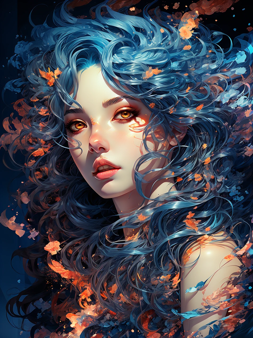 1girl,solo,blue hair,long hair,parted lips,looking at viewer,lips,brown eyes,artist name,portrait,upper body,nose,floating hair,yellow eyes,<lora:Justin_ççèå°å¥³_V60:0.7>,