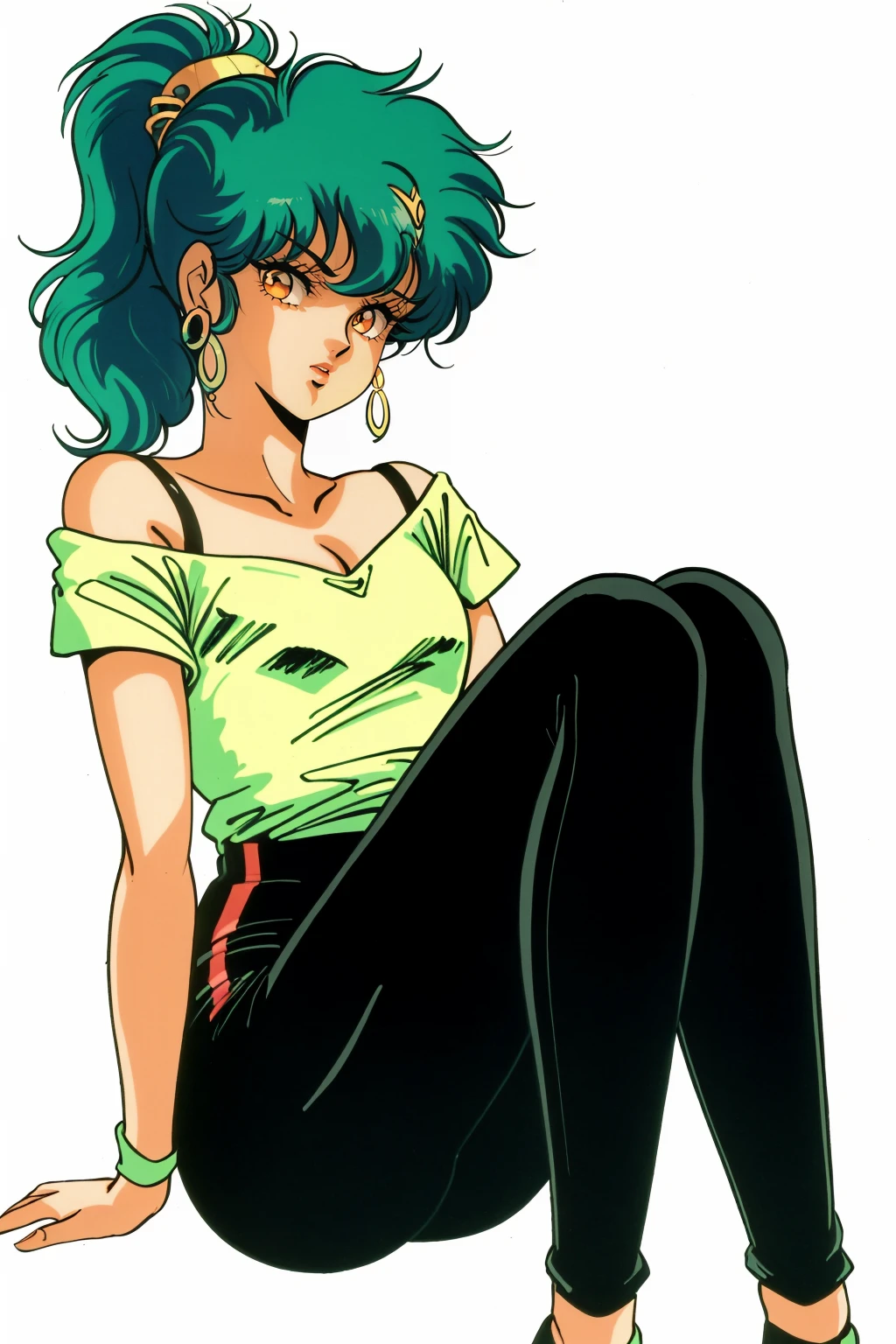 1girl, solo, 1980s \(style\), earrings, jewelry, green hair, retro artstyle, long hair, simple background, off shoulder, ponytail, sitting, looking at viewer, high ponytail, leggings, black background, short sleeves, shirt, brown eyes, bangs, pantyhose <lora:toshihiroV73-000183:1>