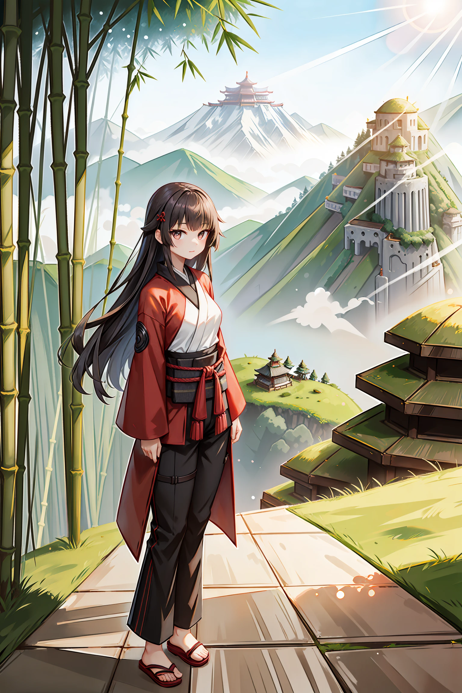 1girl, fullbody, standing, slim, (bamboo trees), kabuto, red samurai armor, misty air, strong sunlight, mossy path, mountain village, mountain top scenery, pants, sandals