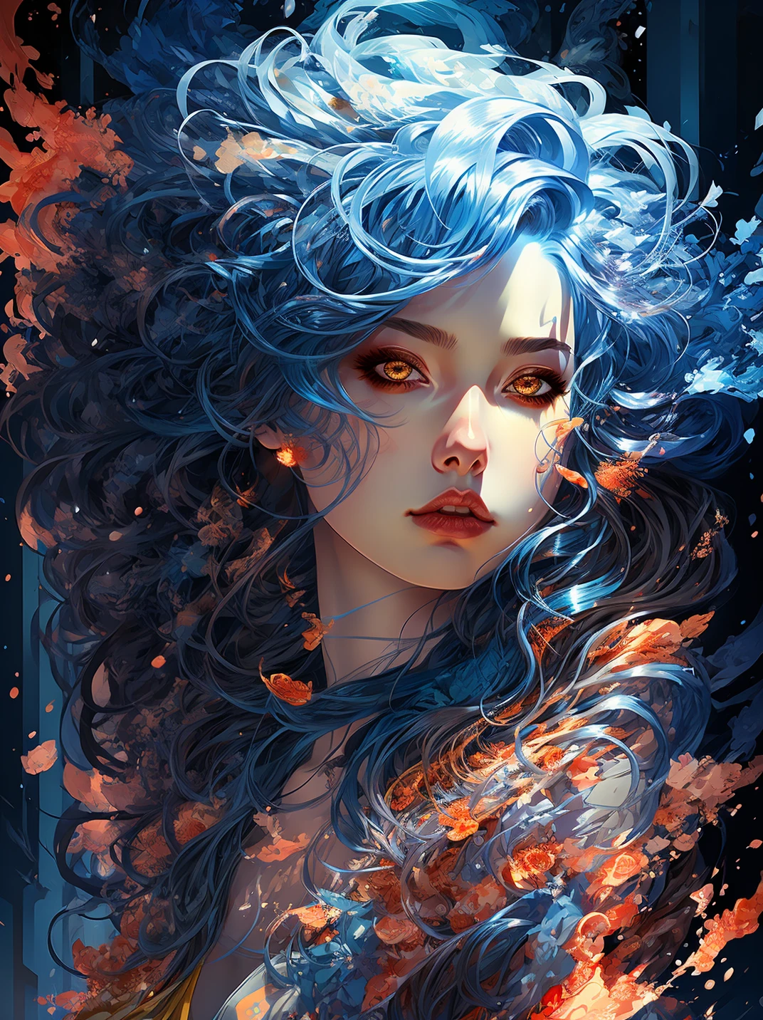1girl, solo, blue hair, long hair, parted lips, looking at viewer, lips, brown eyes, artist name, portrait, upper body, nose, floating hair, yellow eyes,<lora:Justin_ççèå°å¥³_V60:0.7>,