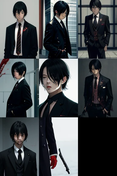 X,Seishiro Sakurazuka,1boy,blood,male focus,black hair,solo,necktie,hand in pocket,blood on clothes,weapon,coat,arm up,formal,black coat,suit,looking at viewer,blood on face,flower,smile,blood splatter,shirt,black necktie,