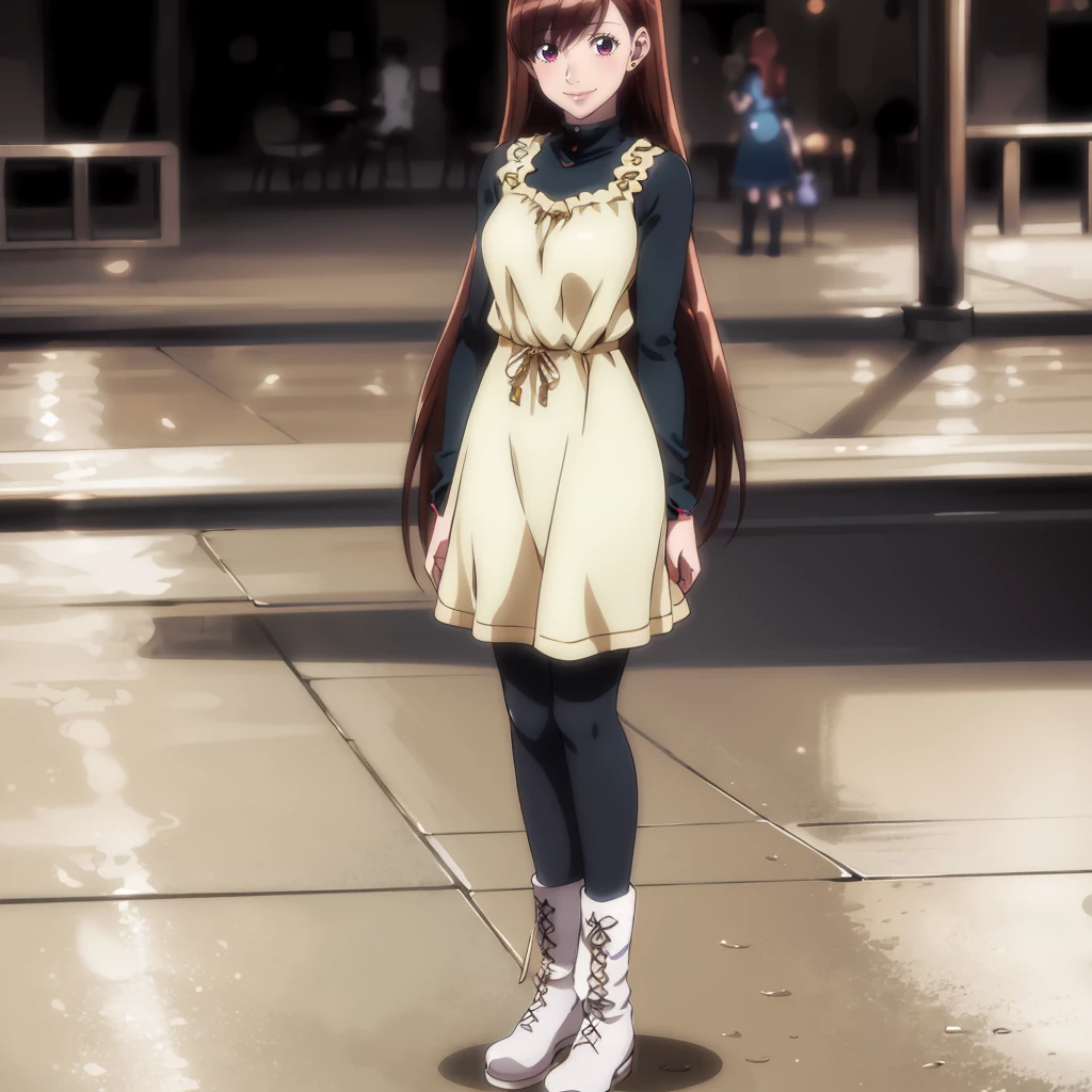 <lora:PalmSugao001:0.7>,solo,looking at viewer,smile,
PalmSugao,1girl,long hair,brown hair,
dress,
black pantyhose,
white footwear,
full body,standing,