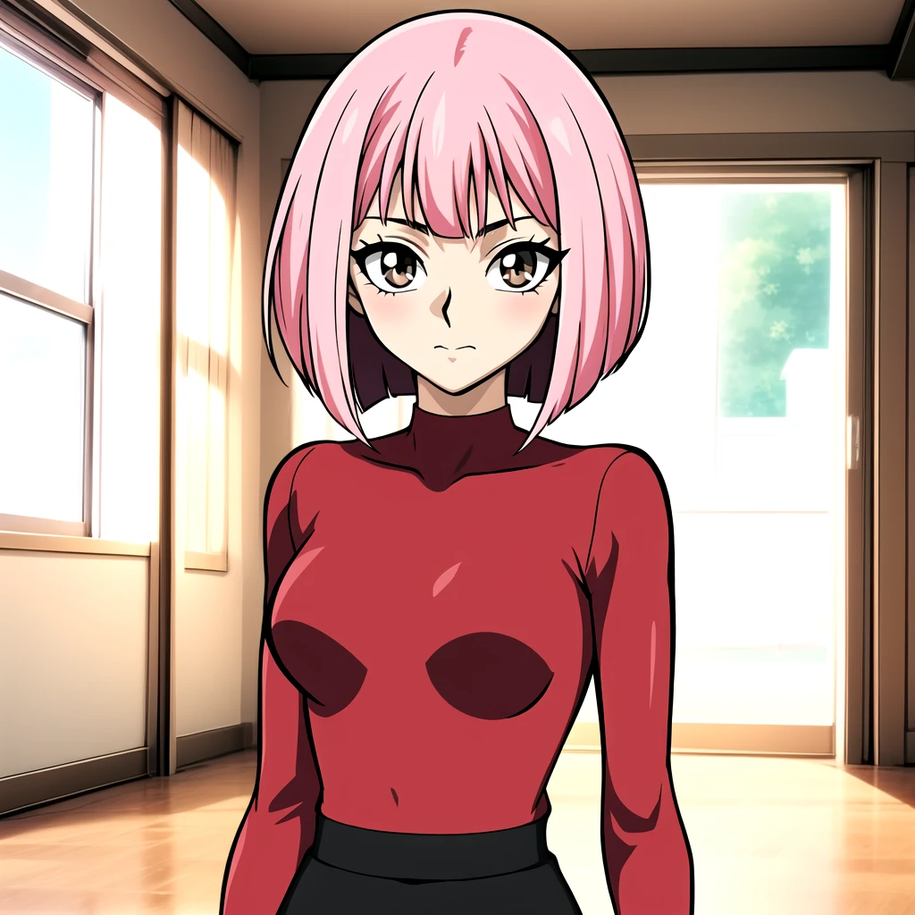 (masterpiece:1.2, best quality) ygoDTandDLstyle, 1girl, red shirt, pink hair, bob cut <lora:ygodl-000007:1>