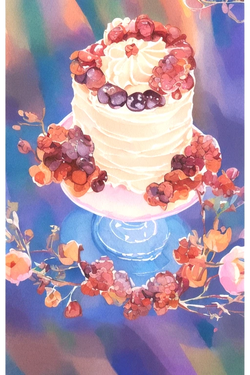 crl_fd6 style, masterpiece, best quality, extremely detailed, detailed background, detailed pastel colors, illustration. watercolor, paint splatter, cake slice,
