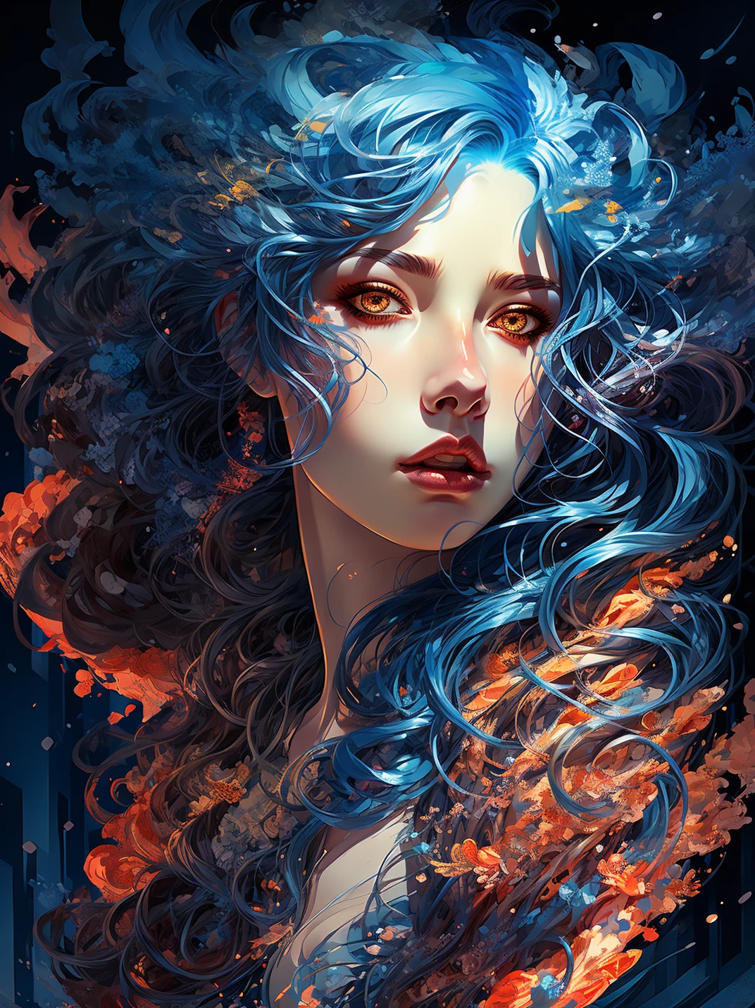 1girl,solo,blue hair,long hair,parted lips,looking at viewer,lips,brown eyes,artist name,portrait,upper body,nose,floating hair,yellow eyes,<lora:Justin_ççèå°å¥³_V60:0.7>,