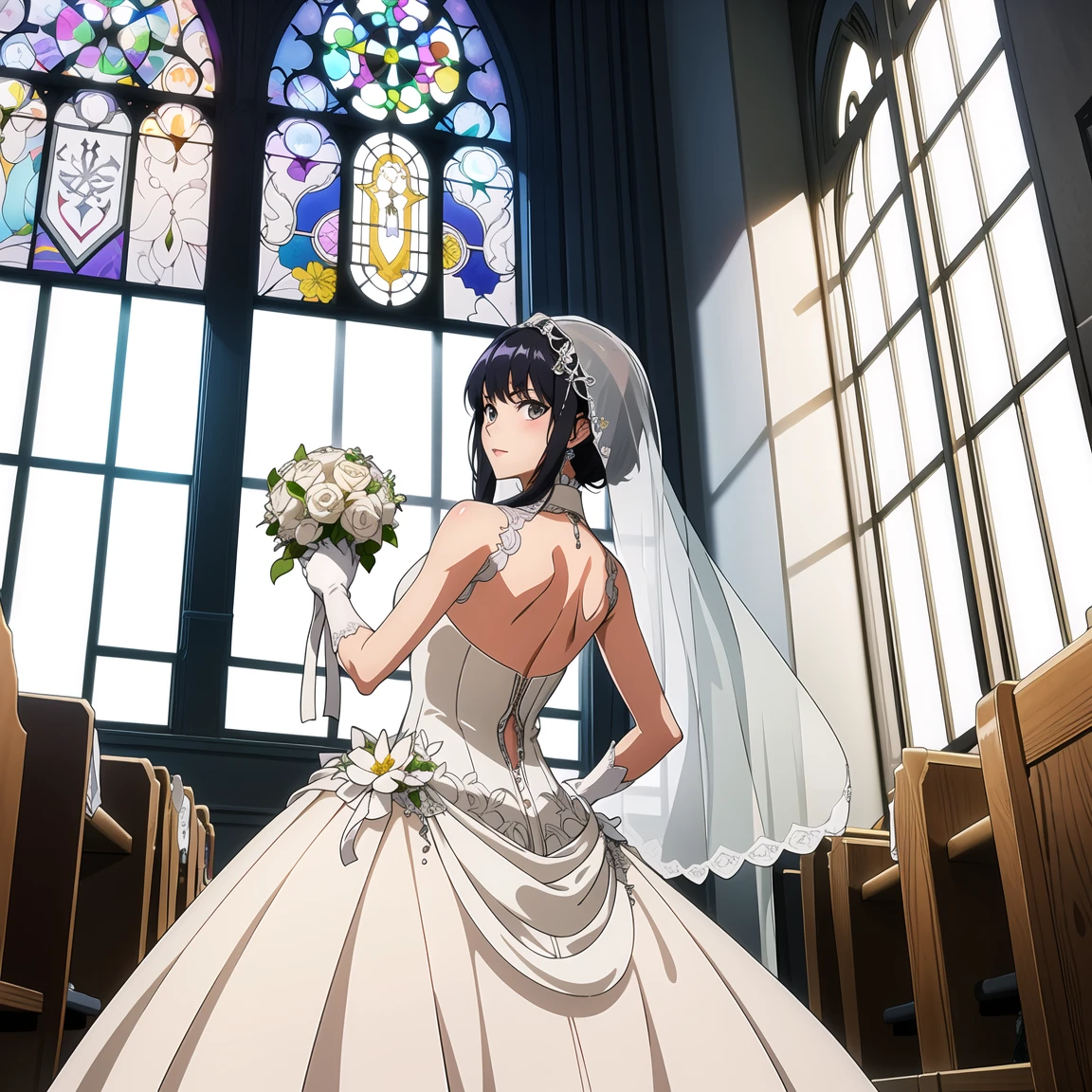 masterpiece,top quality,best quality,official art,beautiful and aesthetic,bride,see-through,wedding_dress,bridal_veil,gloves,hair_flower,church,window,gaudery,looking back,