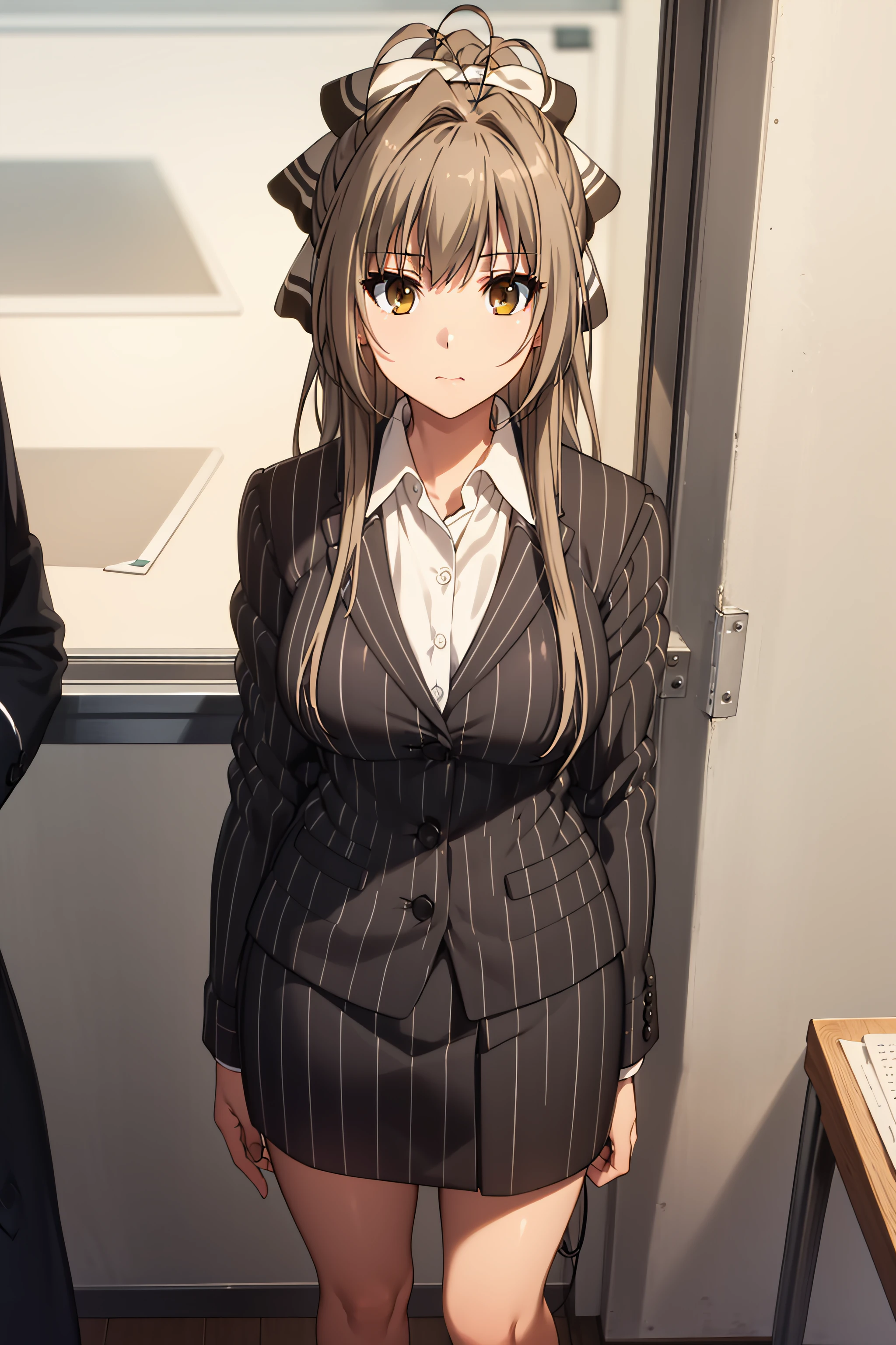 best quality, masterpiece, detailed,
<lora:AmagiBrilliantPark_SentoIsuzu:0.9>, SentoIsuzu,
solo, closed mouth,
brown hair, brown eyes, long hair, antenna hair, ponytail, hair bow,
SentoSuit, business suit, pinstripe pattern, collared shirt, pencil skirt,
standing, looking at the viewer,
indoors, office, window