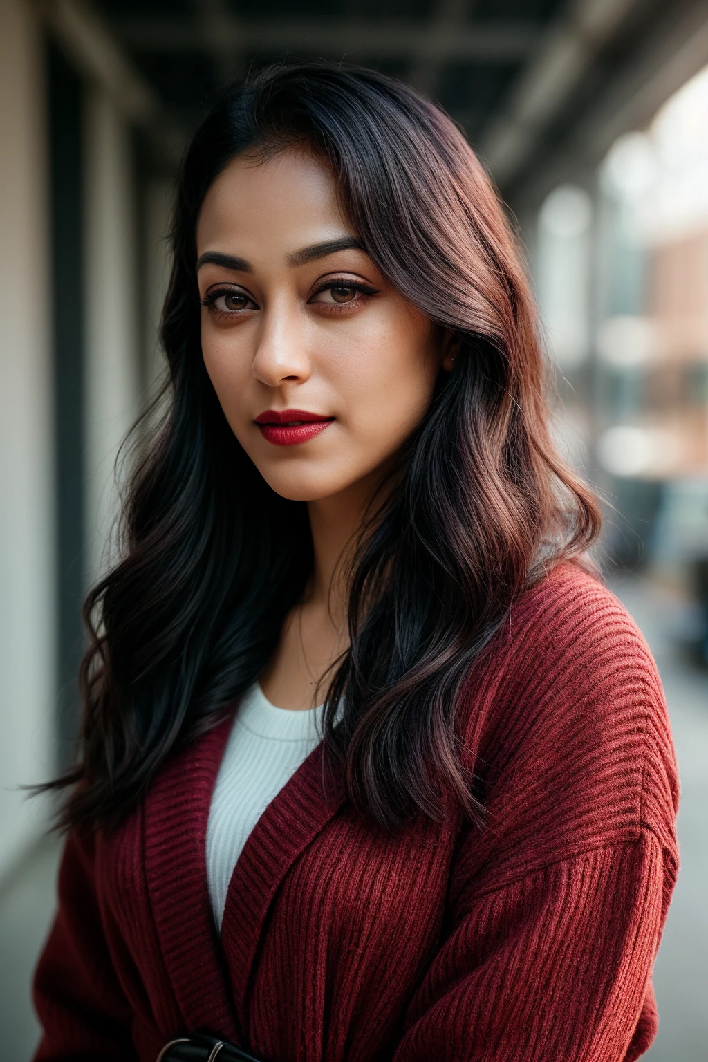 photo of (EPSun4y4n4F0zd4r:0.99), closeup portrait, perfect hair, (modern photo, [ Cropped utility vest|Ribbed shawl wrap cardigan  |Wool-blend cocoon coat in a rich burgundy shade]), 24mm, (analog, cinematic, film grain:1.3), (([warehouses, gypsum board, bioluminescent phytoplankton, cove lighting| space, stars], gradient:1.1)), ((detailed eyes)), ((eyeliner, long lashes)), (epicPhoto), long eyelashes, (perfect waist), (painted lips)