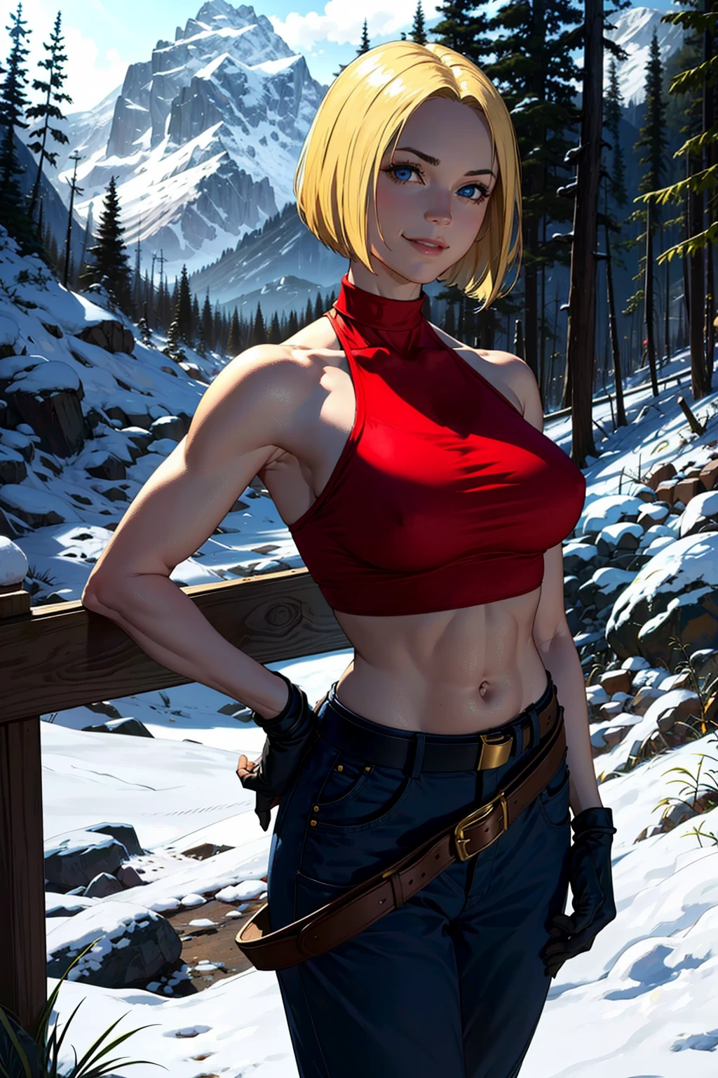 (masterpiece,  best quality:1.2),  solo,  BlueMary,  1girl,  blonde hair,  red turtleneck,  sleeveless tankop,  fingerless gloves,  black belt,  big belt,  blue pants,  ,  hands behind back,  at the mountain,  pine tree,  snow,  smirk:1.4,  masterpiece,  perfect face,  perfect picture,  detailed eyes,  sharp focus, High detailed view, , High detailed,<lora:EMS-254939-EMS:1.000000>