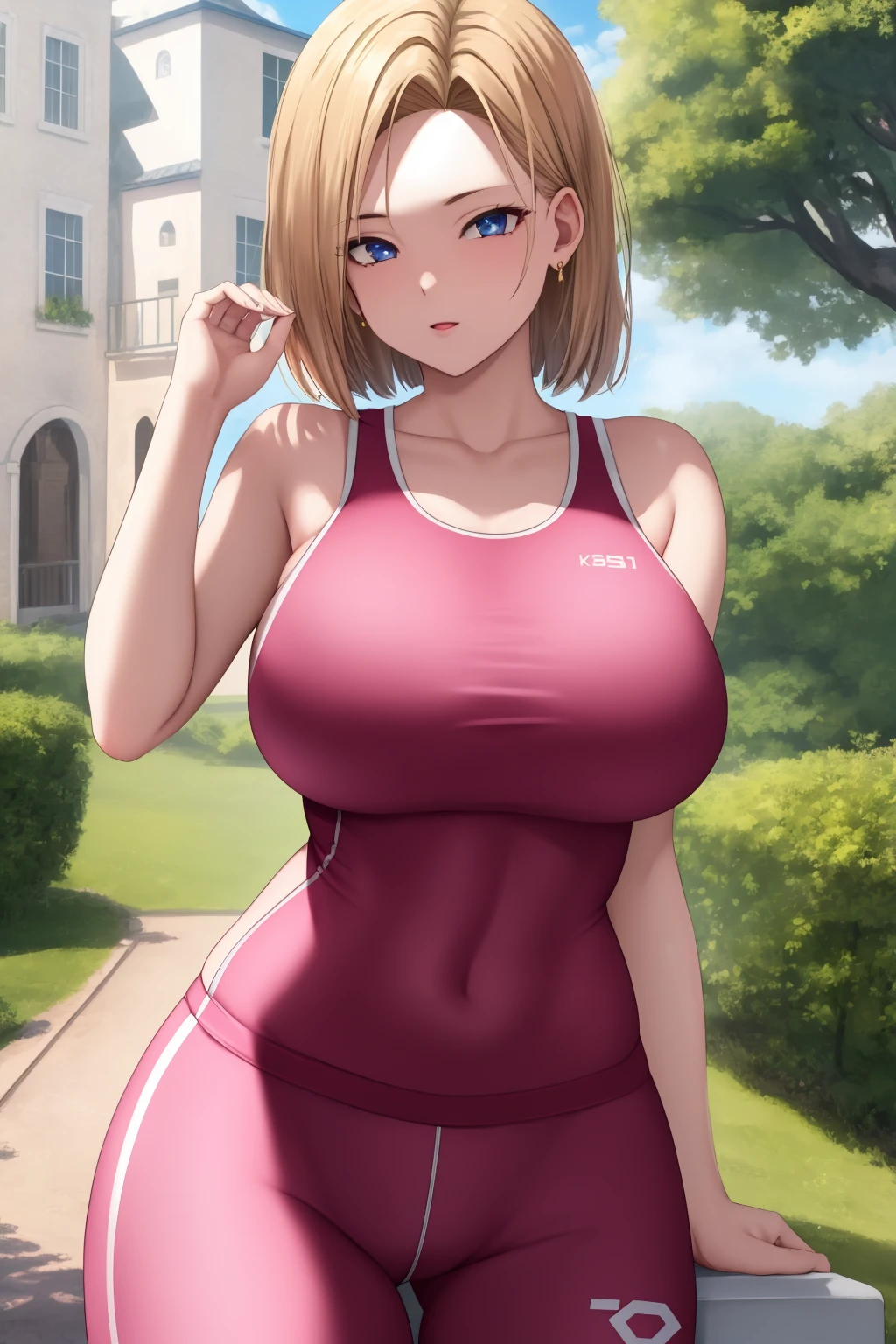 masterpiece, highly detailed CG unified 8K wallpapers, (HQ skin:1.2), 8k uhd, dslr, high quality, ju hachi-go, pink outfit, sportwear, beautiful and detailed eyes, beautiful skin, attractive, ultra-high resolution, high-definition, <lora:android18:0.8>