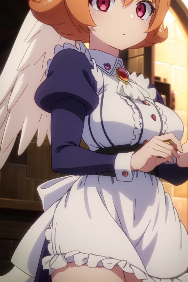 meidri, <lora:meidri s1-lora-nochekaiser:1>,
meidri, short hair, bangs, (red eyes:1.3), orange hair, flipped hair,
BREAK long sleeves, dress, jewelry, frills, wings, puffy sleeves, apron, maid, maid headdress, thigh strap, juliet sleeves, brooch, white apron, feathered wings, maid apron, puffy long sleeves, white wings,
BREAK indoors,
BREAK looking at viewer, (cowboy shot:1.5),
BREAK <lyco:GoodHands-beta2:1>, (masterpiece:1.2), best quality, high resolution, unity 8k wallpaper, (illustration:0.8), (beautiful detailed eyes:1.6), extremely detailed face, perfect lighting, extremely detailed CG, (perfect hands, perfect anatomy),