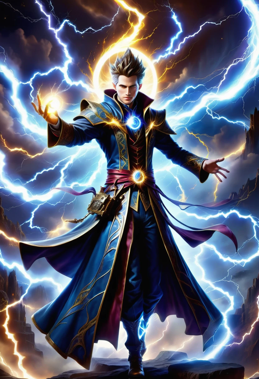 hyper detailed masterpiece, dynamic, awesome quality, a male spellcaster conjuring eclipse lightning DonMM4g1cXL magic, <lora:DonMM4g1cXL-000008:0.8>