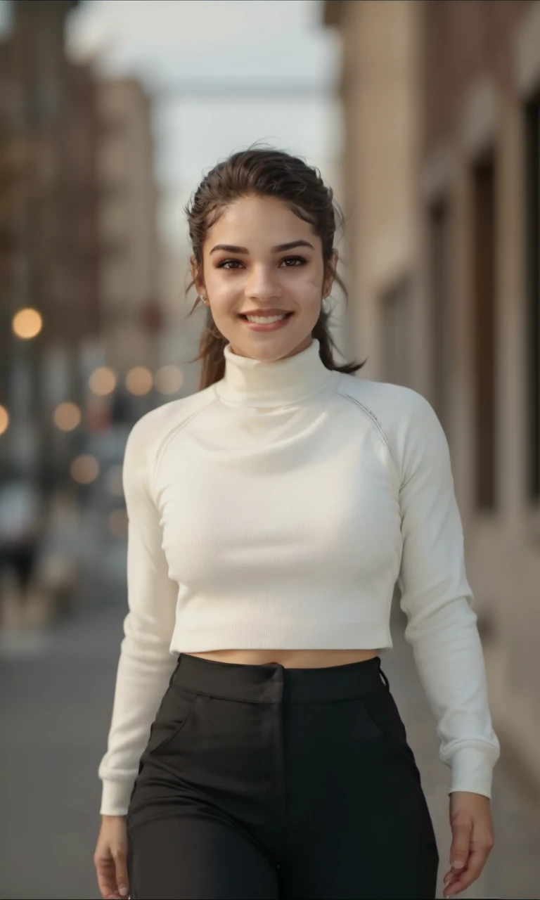 mannilp2024, 1 girl, uhd, 8k, best quality, masterpiece, walking, smile, skin pores, detailed skin, turtleneck, cinematic lighting, depth of field, city