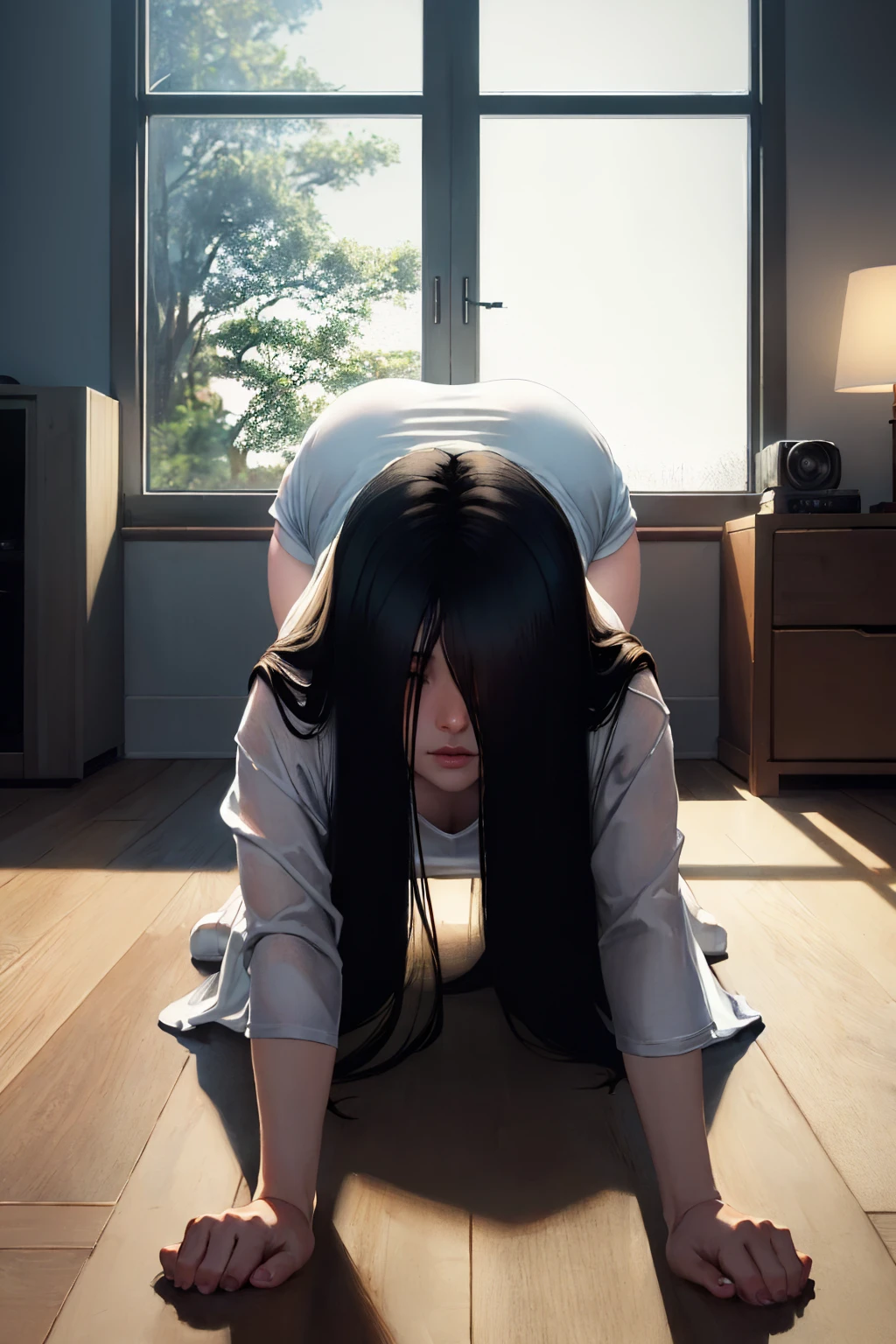 (masterpiece, best quality:1.2), caustics, moody lighting, solo, 1girl, yamamura sadako, pale skin, all fours, television, hair over eyes, white dress, indoors, living room <lora:thering_yamamura:1>