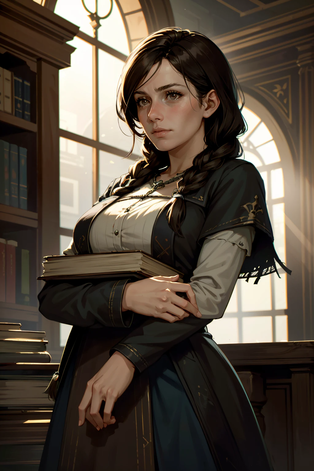 ((ultra detailed, masterpiece, absurdres))
<lora:PBeatrice:0.9>
PBeatrice, 1girl, solo, brown hair, brown eyes, one single braid, long hair, inside a mystical library with floating books, unraveling ancient scrolls and secrets