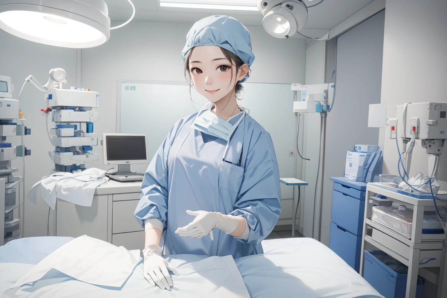 (RAW photo, best quality), 1girl, long sleeve surgical outfit, surgical mask, surgical gloves, surgical cap, operating room, overhead surgical light, light smile,
<lora:concept_surgical_mask_open_v2_1:1> surgical_mask_open, completely_undone