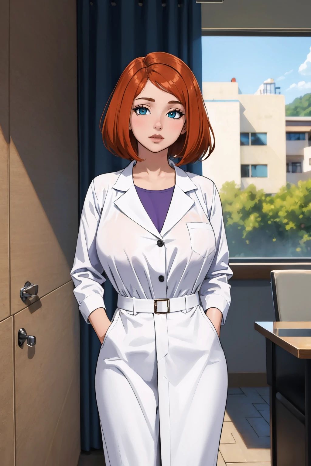 (masterpiece, best quality:1.2), <lora:annpossible:1>, annpossible, 1girl, solo, looking at viewer, labcoat, large breasts, shirt,