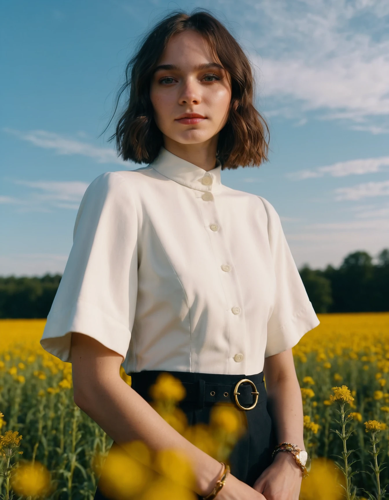 cinematic photo RAW candid cinema, (((ohwx woman))) portrait in a field, 16mm, ((remarkable color)), (ultra realistic) <lora:myers__dh_128_sdxl_v1b:1.05> . 35mm photograph, film, bokeh, professional, 4k, highly detailed