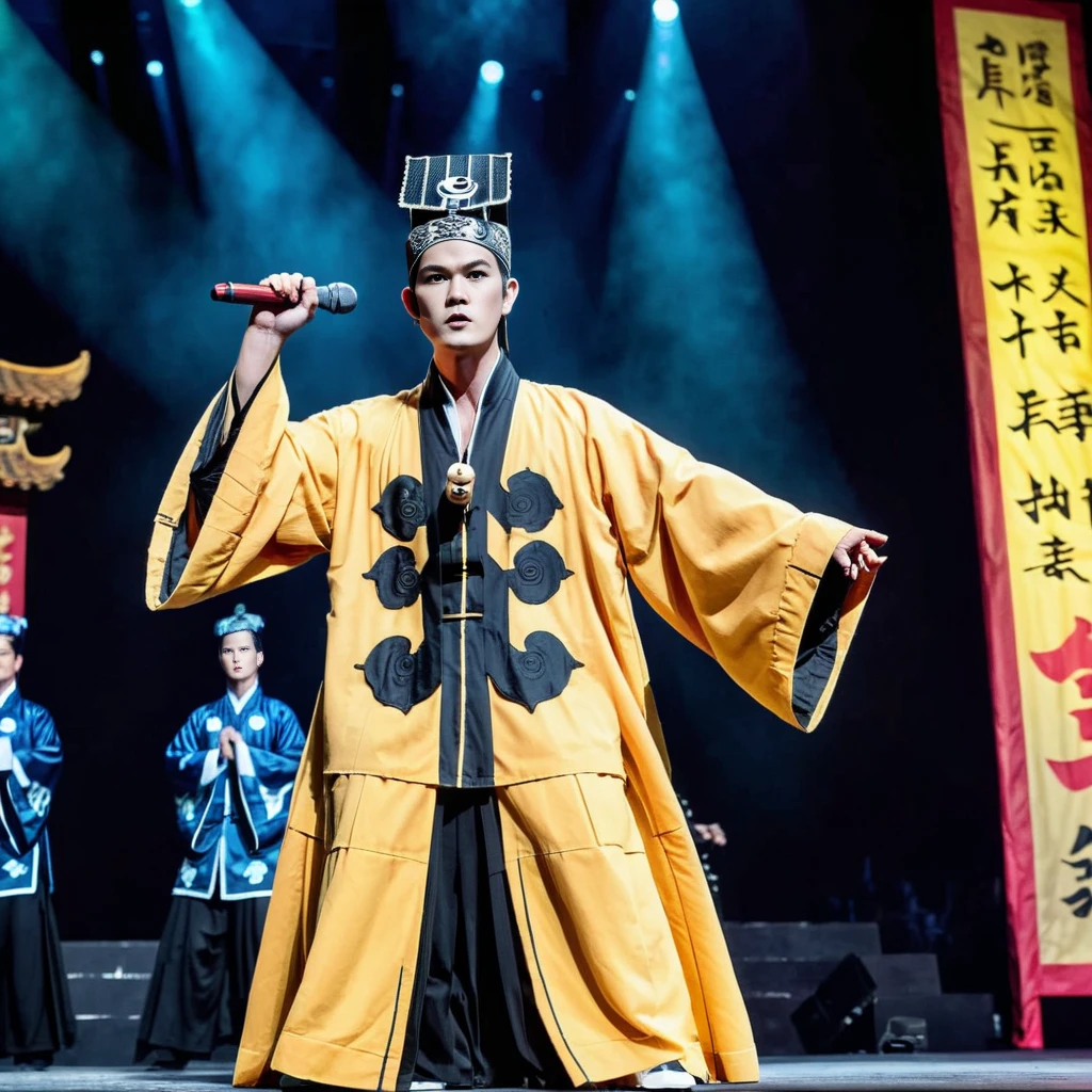 Jay Chou as a Maoshan Taoist priest in a yellow robe, performing a ritual on a large concert stage, in a realistic style. He holds a peach wood sword in one hand and a microphone in the other, combining the worlds of ancient mysticism and modern music. The stage is elaborately designed with dramatic lighting, amplifying the fusion of Taoist elements and a contemporary concert setting. The background is filled with a massive, energetic crowd, captivated by the unique performance. The image captures the intensity and charisma of Jay Chou, with a focus on the intricate details of his Taoist attire and the dynamic energy of the concert <lora:dosifuku:0.7>, (hat),