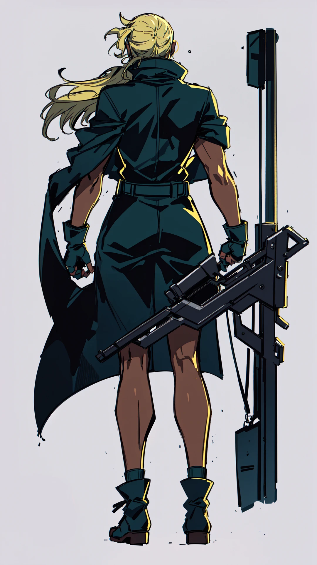fone, (((back full body view))), anime style, 1woman, dark skin, blonde hair, blue eyes, light lipstick, dark blue skintight tank outfit, green coat, military, holding a railgun, fingerless gloves, muscular, 8k, 16k, trending on pixiv, fanbox, skeb, masterpiece, detailed face, digital painting,  <lora:fone:0.7>