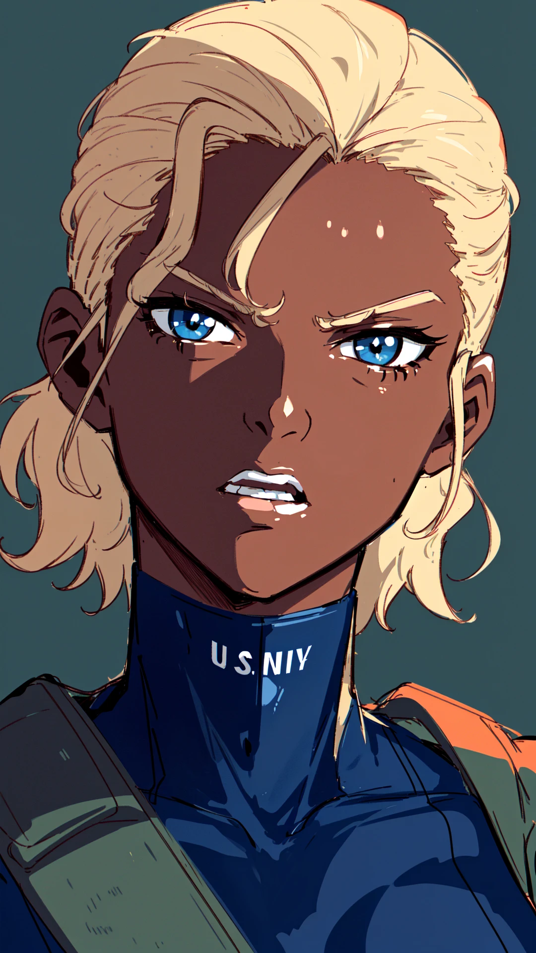 fone, (((bust up shot))), anime style, 1woman, dark skin, blonde hair, blue eyes, light lipstick, dark blue skintight tank outfit, glove, military, (text "U.S. Navy" on outfit), muskular, 8k, 16k, trending on pixiv, fanbox, skeb, masterpiece, detailed face, digital painting, <lora:fone:0.7>
