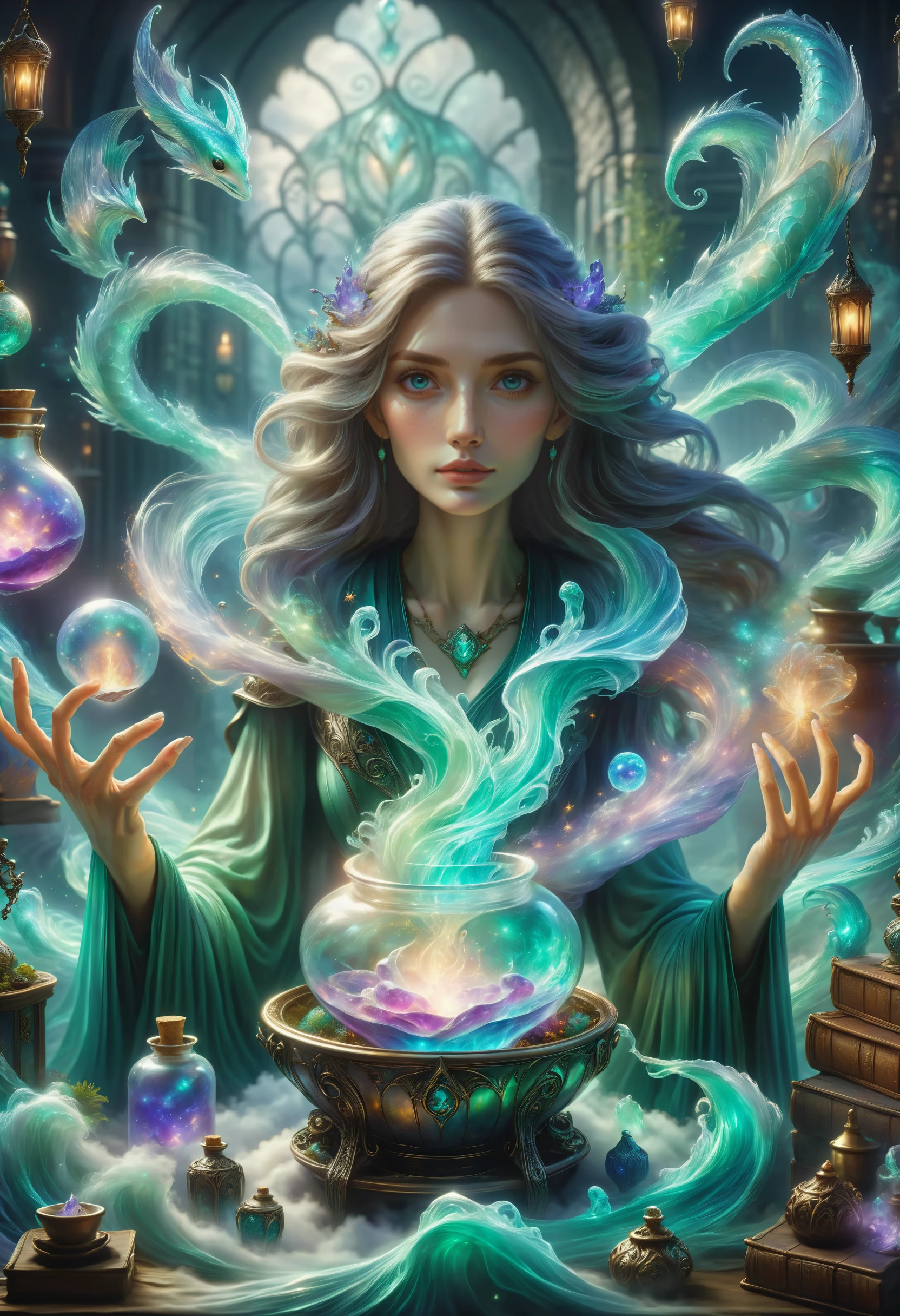 hyper detailed masterpiece, dynamic, awesome quality, a female clairvoyant brewing potion airy siren DonMM4g1cXL magic,  <lora:DonMM4g1cXL_v1.2:1>, Perfect Hands,  <lora:Perfect Hands:1>