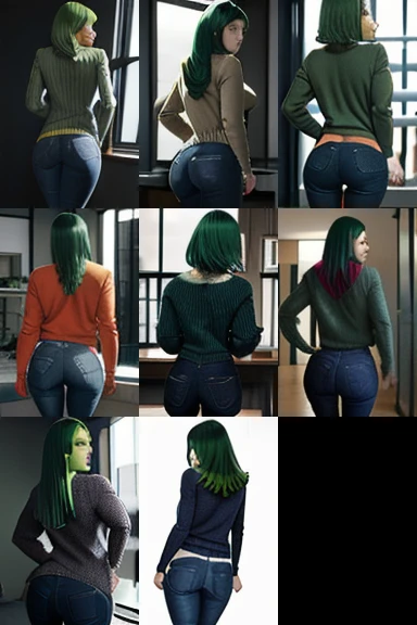 jeans, sweater, huge breasts, green hair, happy, indoors, from behind, looking back, masterpiece, best quality