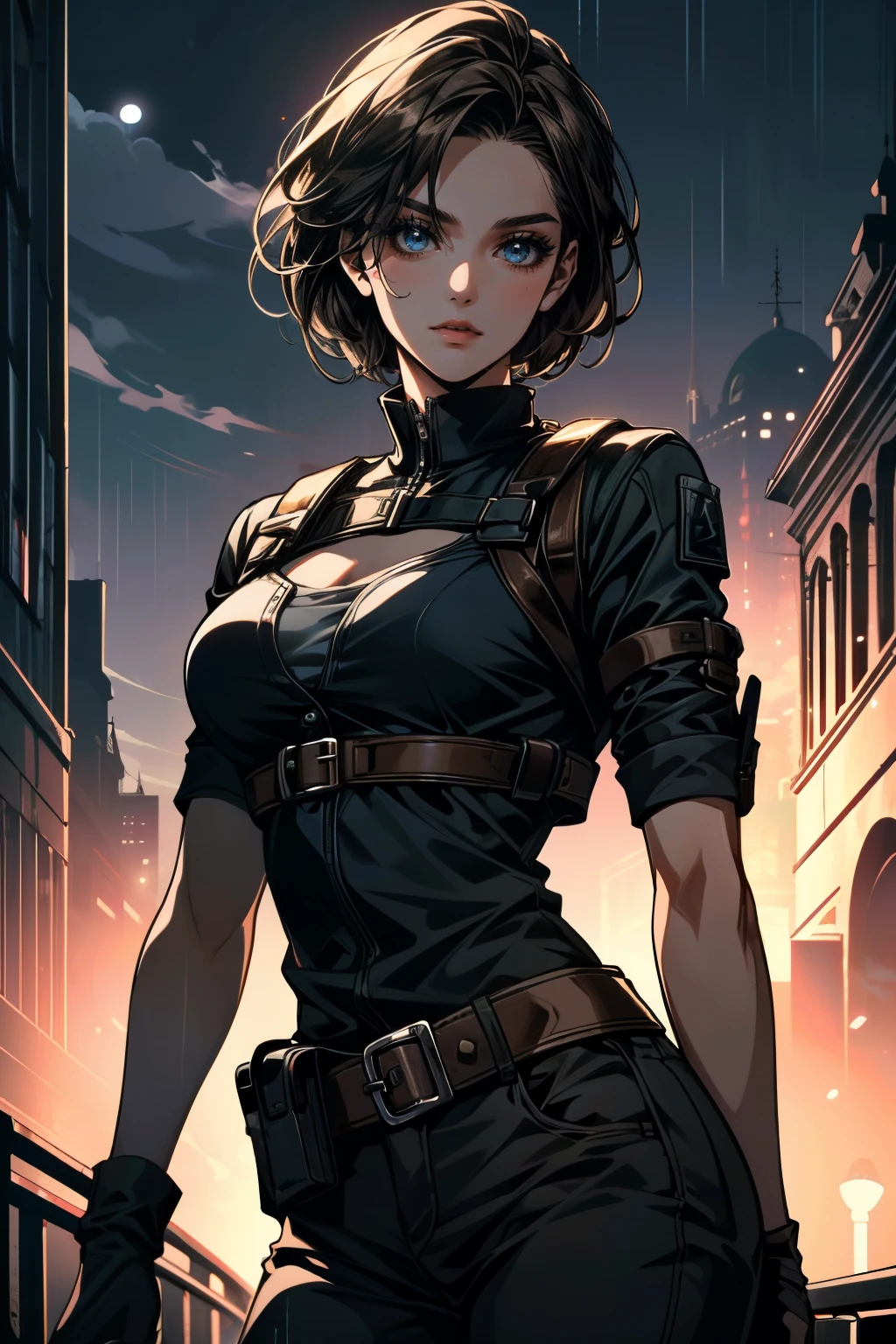 ((ultra detailed, masterpiece, absurdres))
RE3Jill, 1girl, solo, brown hair, blue eyes, short hair, cowboy shot