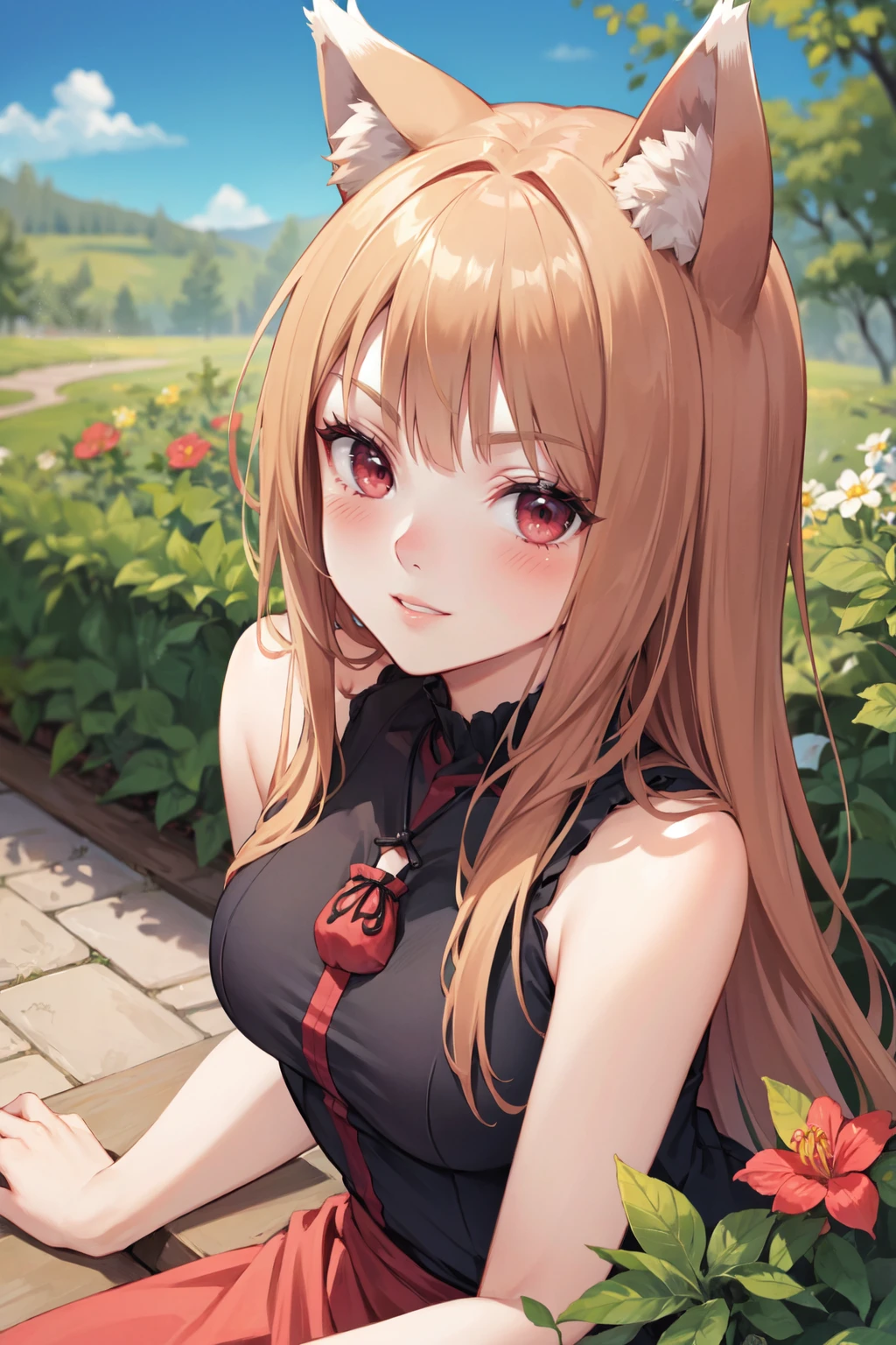 (masterpiece, best quality, ultra detailed), (detailed background, complex background:1.2), ((full-face blush)), (perfect face, detailed face), parted lips, smirk, (mature female:1.4)
(outdoors, garden, flowers, sitting, arms support )
<lora:holo-10:1> holo, 1girl, long hair, animal ears, wolf ears, wolf girl, tail, wolf tail, looking at viewer, medium breasts, dress,