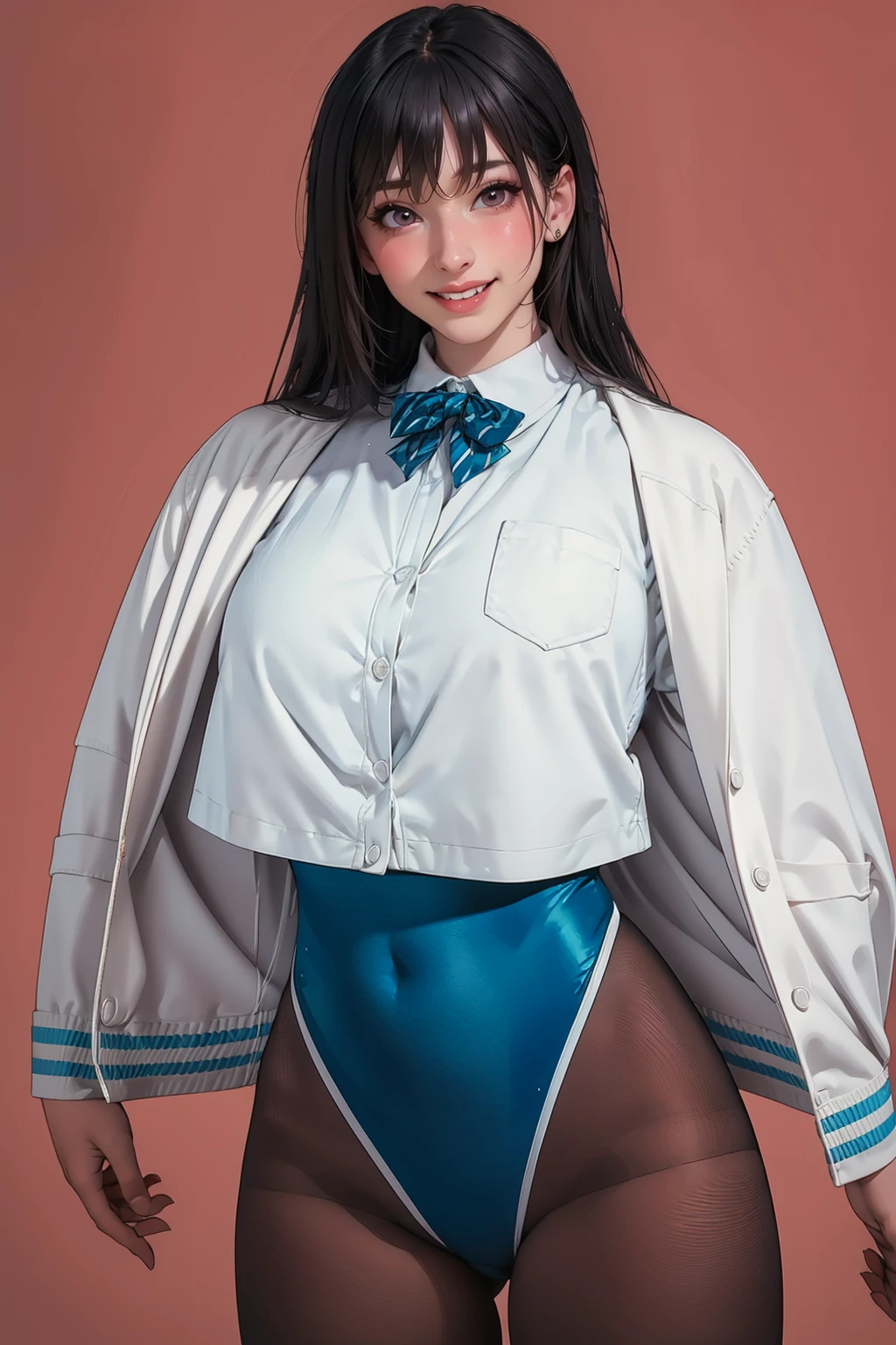 1girl,solo,(cowboy shot:1.3),outdoors,<lora:GoodHands-beta2:1>,<lora:swimming lessons 1_v1:0.7>, ruanyi0017,swimsuit,coat,, (masterpiece, best quality, hires, high resolution:1.2), (extremely detailed, realistic, intricate details, highres), 3d, cg,  bbw, shiny skin, (laughing:1.4), blush,, eyeliner, eyeshadow, eyelashes,, (gigantic breasts, saggy breasts:1.1), (cinematic lighting, sunlight, volumetric), looking at viewer, simple red background, vintage fantasy, 1960s \(style\), film grain,