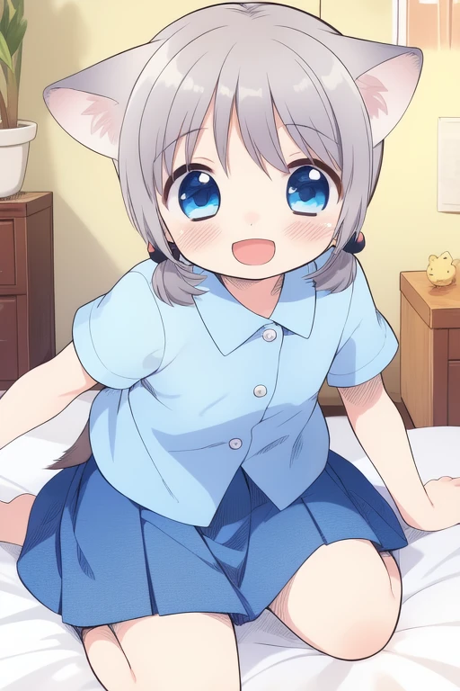 <lora:ookami_san:1> ookamisan, gray hair, blue eyes, white sleeve, blue skirt, child. flat cest, animal ears, short twintails, short hair, blush, wolf_tail, smile, happy, open mouth,
room in the room,ãbed,
masterpiece, high quality, very_high_resolution, large_filesize, full color,