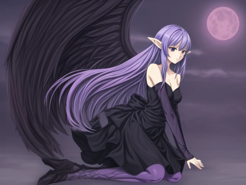 <lora:Night_Wing_Sorceress_v1:1>Night Wing Sorceress,1girl,purple hair,purple eyes, pointy ears, tsurime, black dress,pantyhose, sleeveless, fingerless gloves,waist ribbon,feathered wings, long dress,sfw,, <lora:flat2:-0.5> ,<lora:flatBG:-0.5> ,<lora:hyperdetailer_v095:0.2>,(dark light:1.0),(hyper extreme detailed),(masterpeace:0.5),(hyper extreme),(photorealistic),game cg,llustration,novel illustration,beautiful lighting,light from the front,good_hands,beautiful art ,BREAK