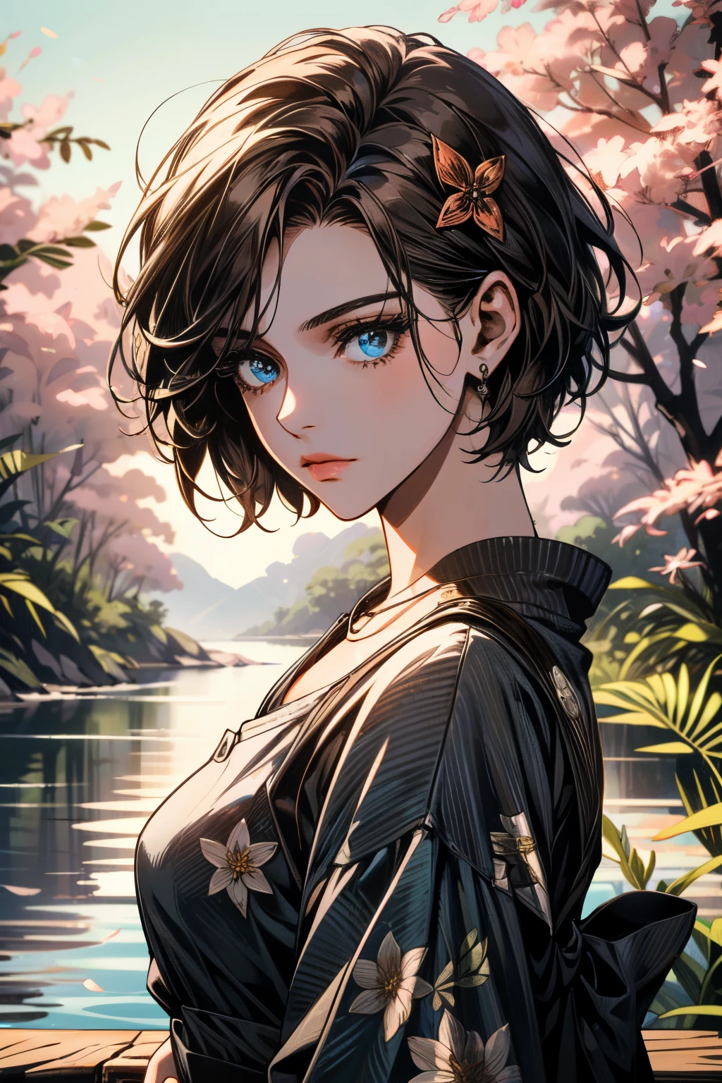 ((ultra detailed, masterpiece, absurdres))
RE3Jill, 1girl, solo, brown hair, blue eyes, short hair, in a lush jungle with vibrant flowers, from behind, looking back