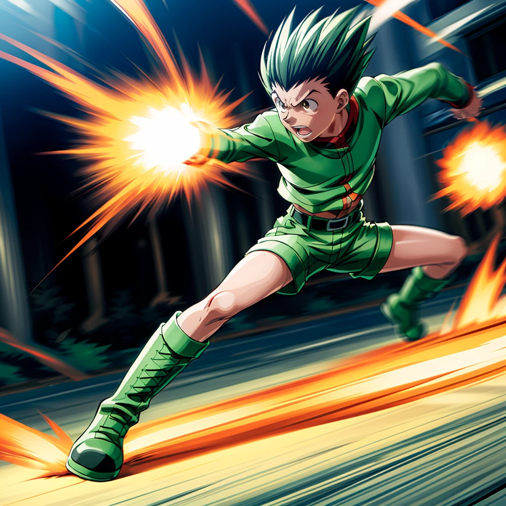 <lora:GonFreecss001:0.7>,<lora:add_detail:1>,<lora:noline:0.3>,<lora:boldline:-0.3>,solo,
GonFreecss,1boy,green hair,brown eyes,
green jacket,
belt,green shorts,
green footwear,boots,
nature,punching,speed_lines,motion_blur,