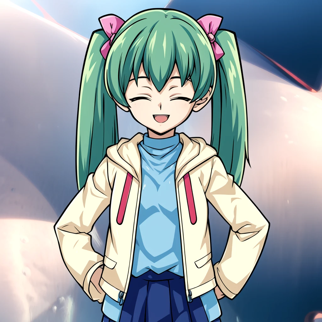 (masterpiece:1.2, best quality) ygoDTandDLstyle, 1girl, green hair, twintails, small, petite, white jacket, red undershirt, closed eyes, blue stone background, smile <lora:ygodl-000008:1>
