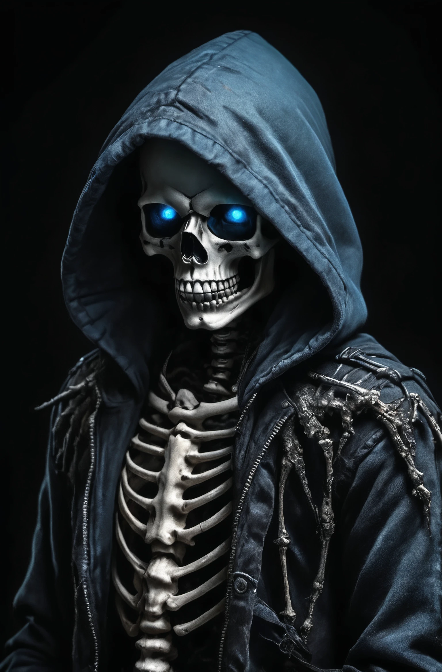 a skeleton with blue eyes and a hooded jacket, dark backgroud, antasy character, face photo, the shrike, dark photo, the head of the man is a skull, gray men, avatar image, ghost, metalhead, spectral, watcher