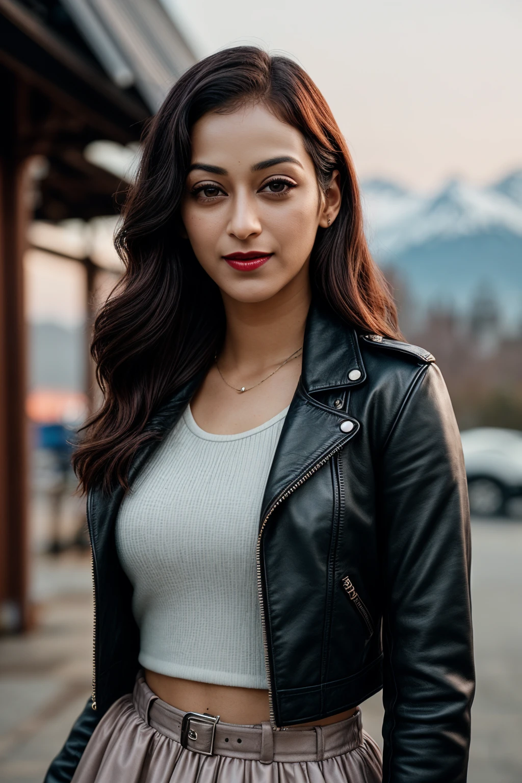 photo of (EPSun4y4n4F0zd4r:0.99), closeup portrait, perfect hair, (modern photo, Faux leather moto jacket with quilted detailing and silver hardware accents), 24mm, (analog, cinematic, film grain:1.3), (([augmented reality data hub,  plaster,rubber roofing roof,limestone, bollard lights,bonfires, in-ground well lights| mountaintop city], gradient:1.1)), ((detailed eyes)), ((eyeliner, long lashes)), (epicPhoto), long eyelashes, (perfect waist), (painted lips)