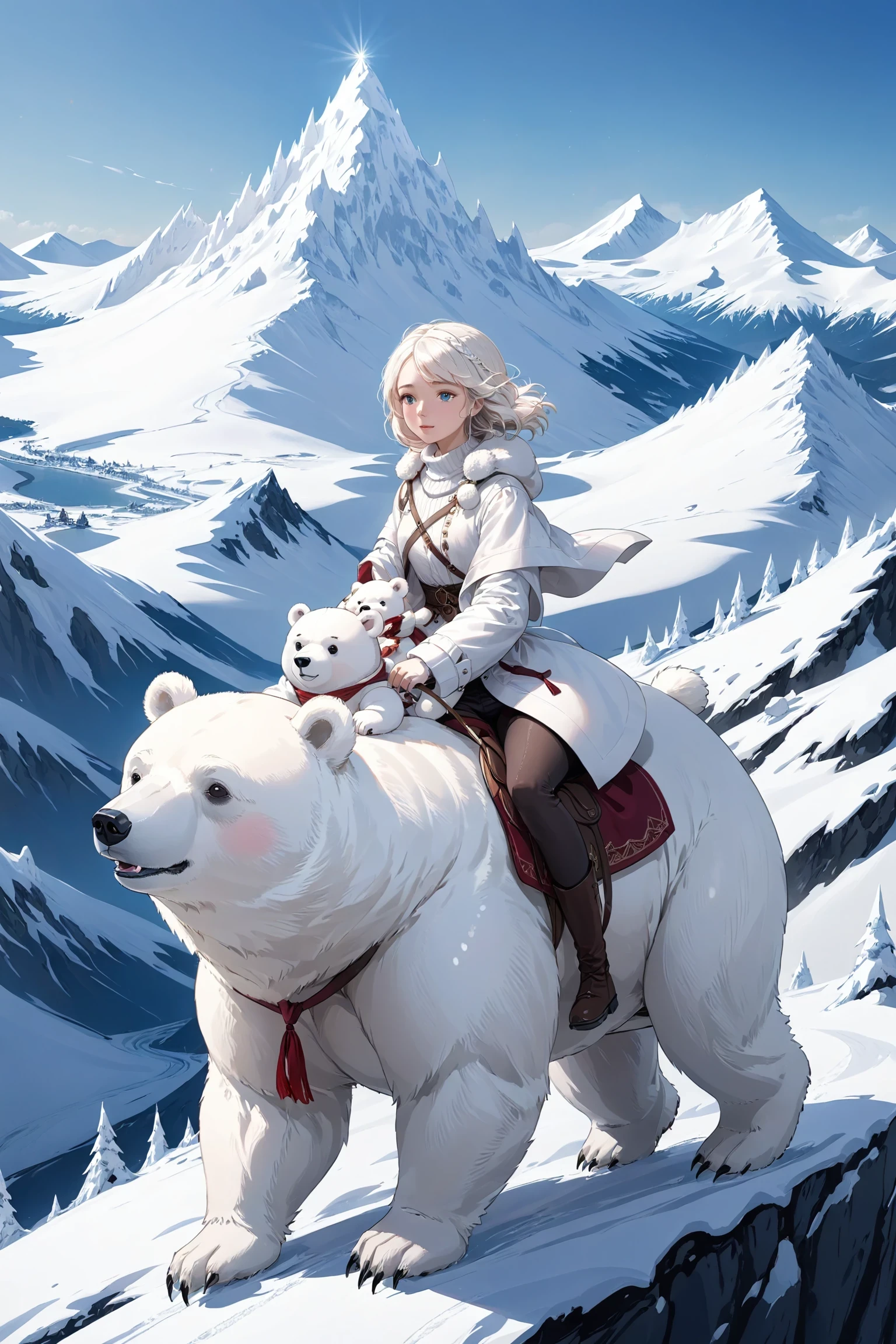 fantasy, woman riding white bear, snowy mountain, scenery