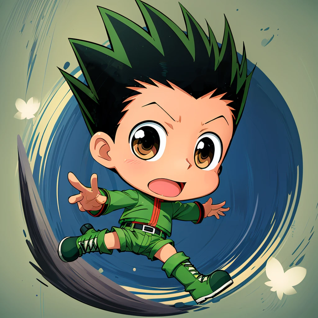 <lora:GonFreecss001:0.7>,<lora:add_detail:1>,<lora:noline:0.3>,<lora:boldline:-0.3>,solo,
GonFreecss,1boy,green hair,brown eyes,
green jacket,
belt,green shorts,
green footwear,boots,
chibi,