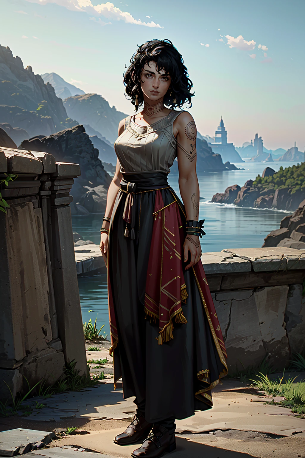 ((ultra detailed, masterpiece, absurdres))
<lora:PSophia:0.9>
PSophia, 1girl, solo, black hair, brown eyes, tattoo, dark skin, full body, standing in front of a beautiful landscape